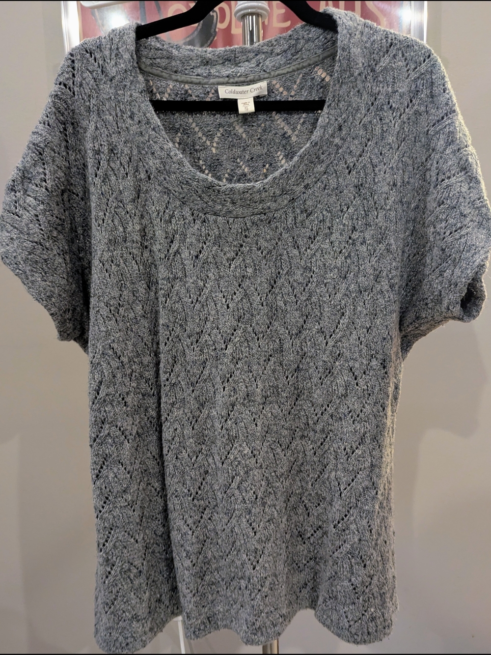 $25 Coldwater Creek Size XL Gray Pointelle Chevron Knit Short Sleeve Sweater EUC